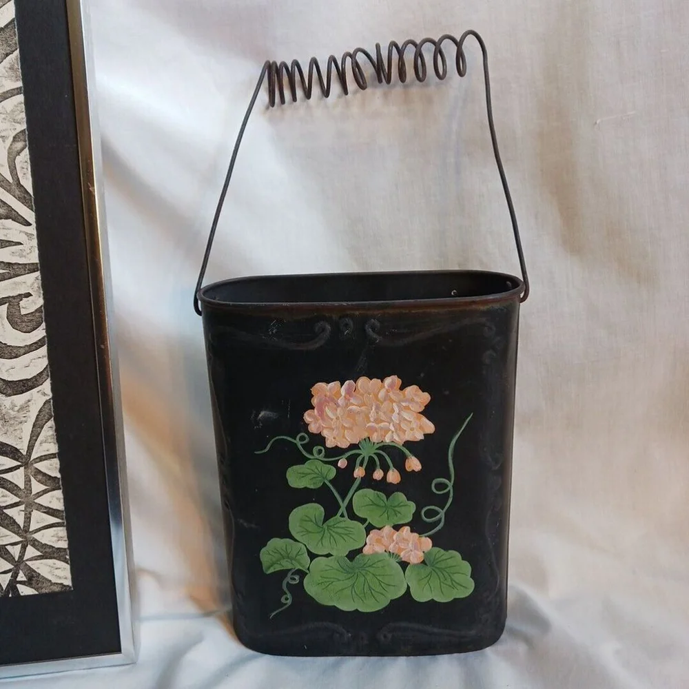 Antique Toleware Wall Hanging Mail Basket Pink And Black